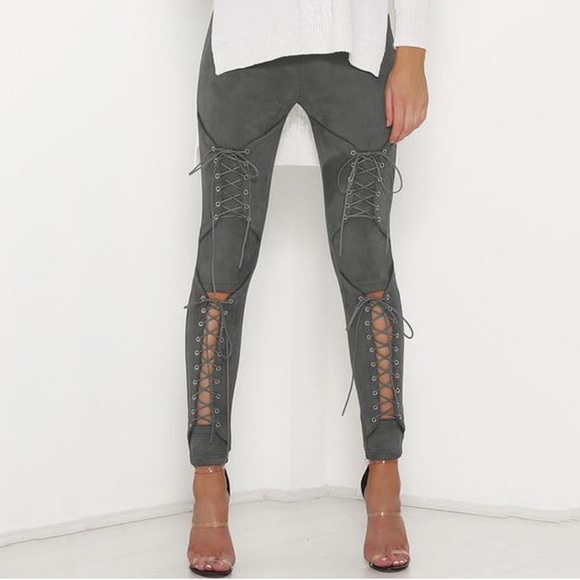 Pants - Skinny Lace Up Cut Out High Rise Vegan Suede Pants